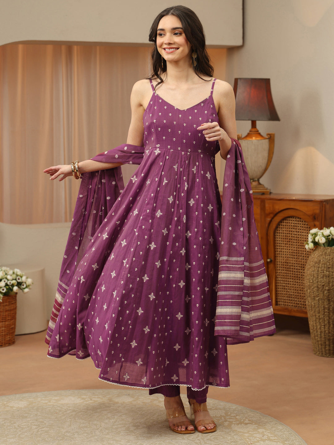 Orchid Purple Woven Design Chanderi Silk Anarkali Suit Set