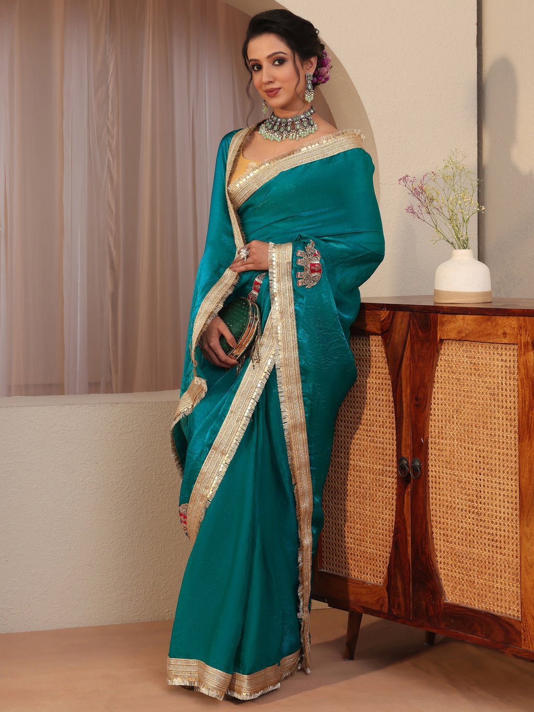 Pacific Blue Elephant Motif Tissue Saree