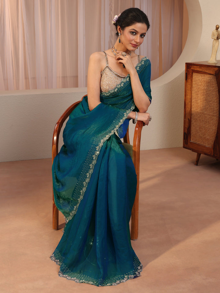 Pacific Blue Embellished Border Tissue Saree
