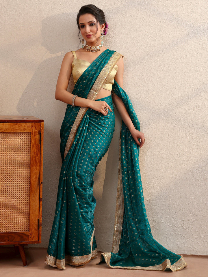 Pacific Blue Foil Printed Tissue Saree
