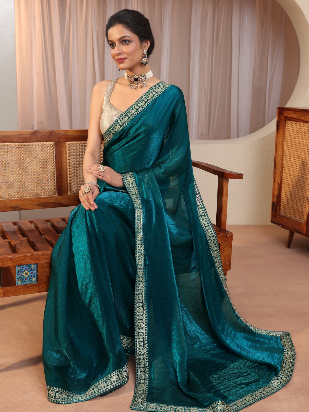 Pacific Blue Tissue Saree With Embellished Border