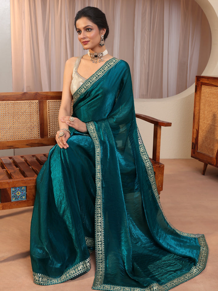 Pacific Blue Tissue Saree With Embellished Border
