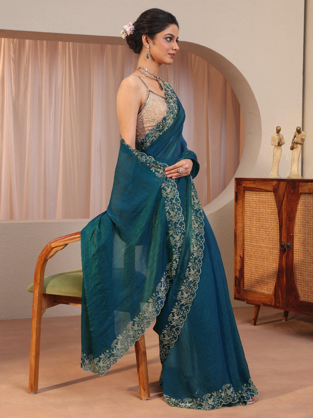 Pacific Blue Tissue Saree With Embroidered Border