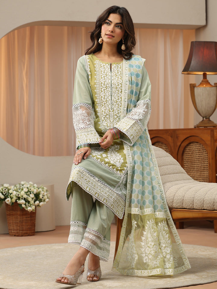 Pastel Green Floral Embroidered Cotton Straight Suit Set