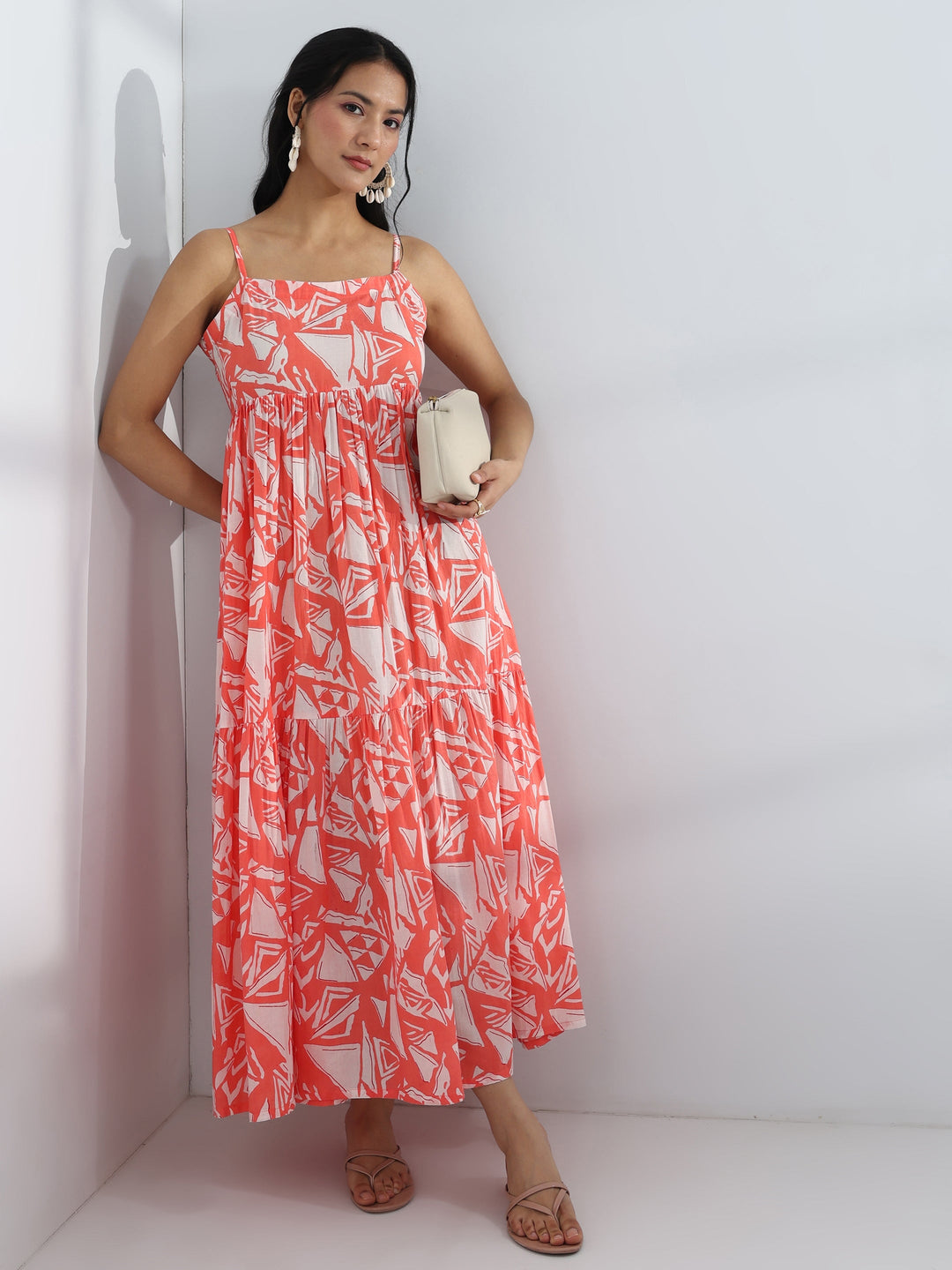 Peach Abstract Printed Cotton A-Line One-Piece Tiered Dress