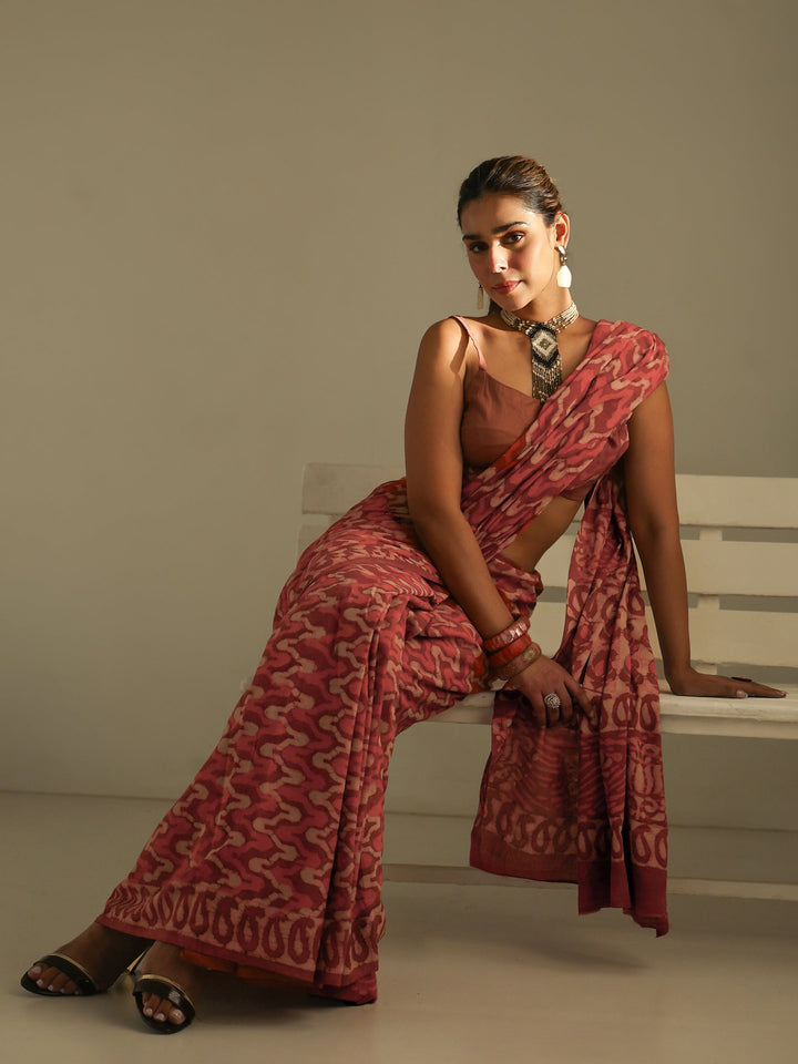 Peach Batik Print Cotton Saree