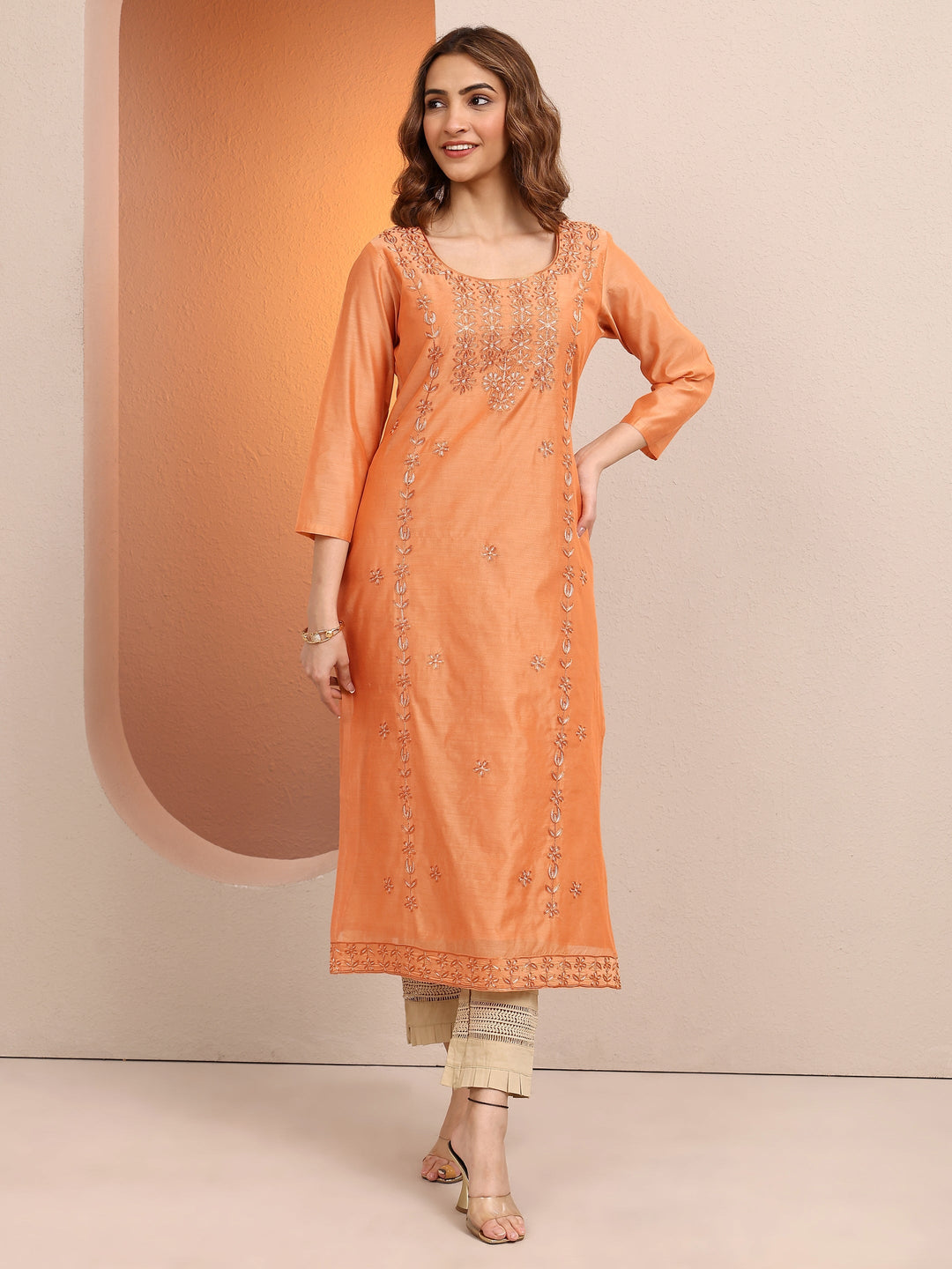 Peach Embroidered Chanderi Silk Straight Kurta