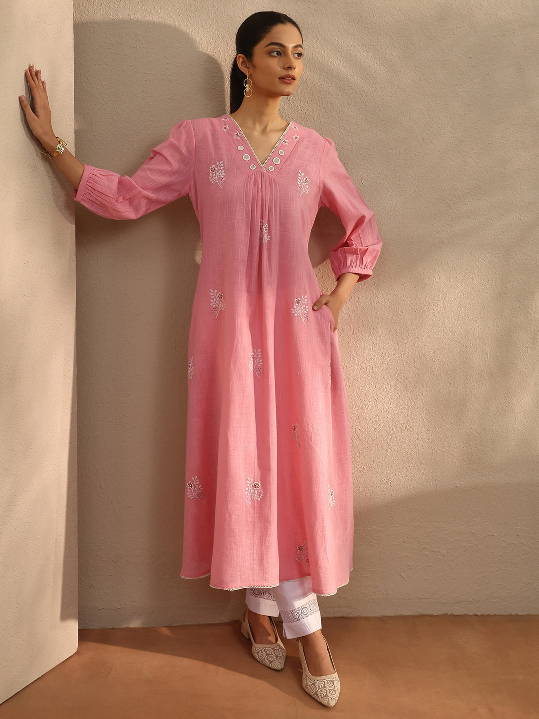 Peach Embroidered Cotton A-Line Kurta