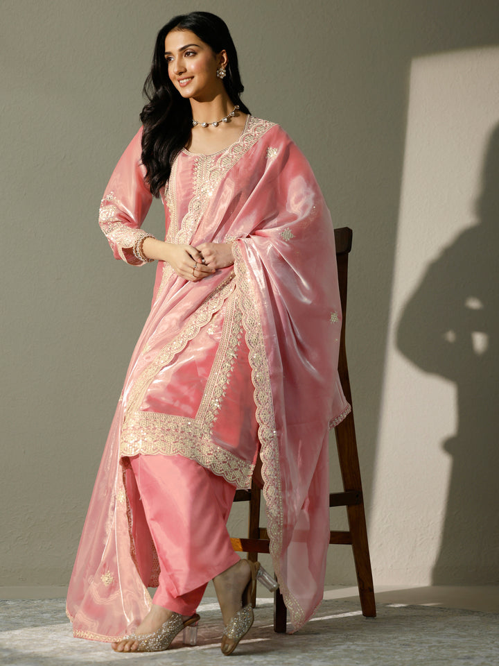 Peach Embroidered Organza Straight Suit Set With Dupatta