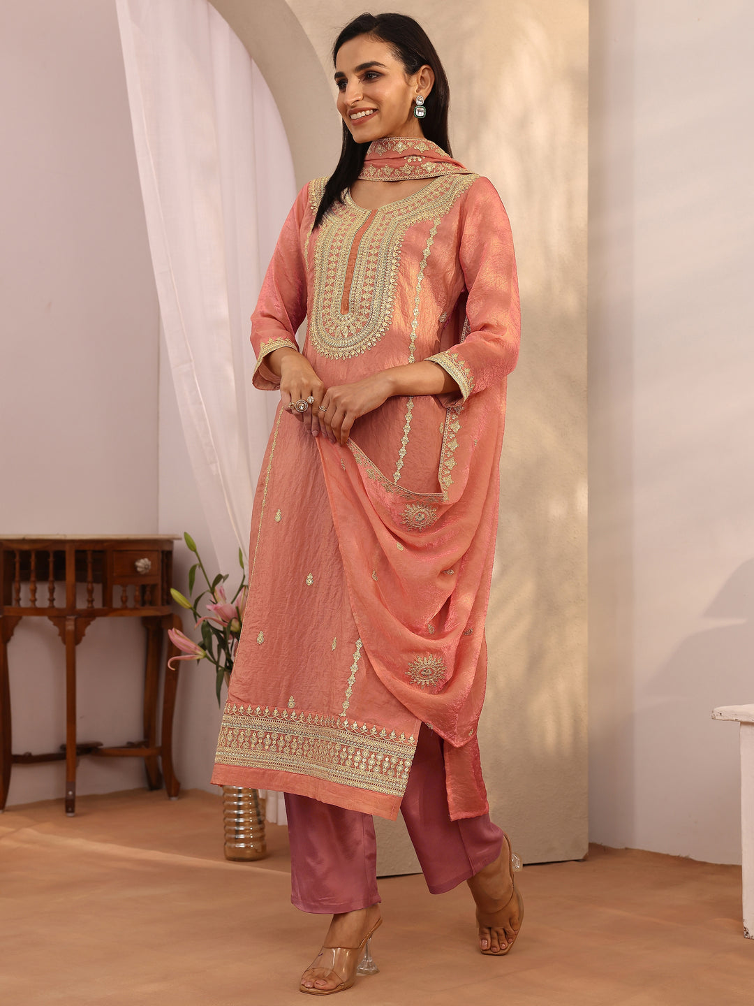 Peach Embroidered Organza Straight Suit Set With Dupatta