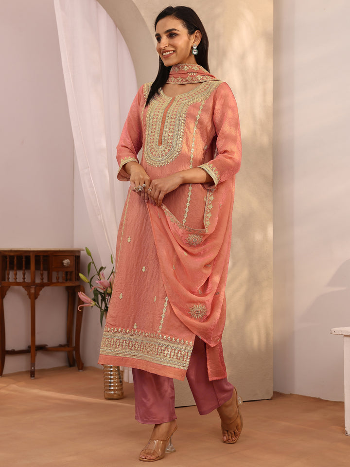 Peach Embroidered Organza Straight Suit Set With Dupatta