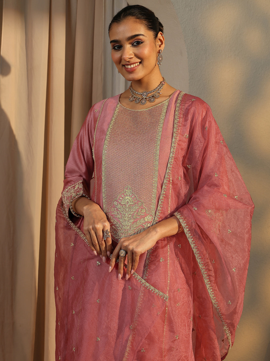 Peach Embroidered Silk Blend Straight Suit Set With Dupatta