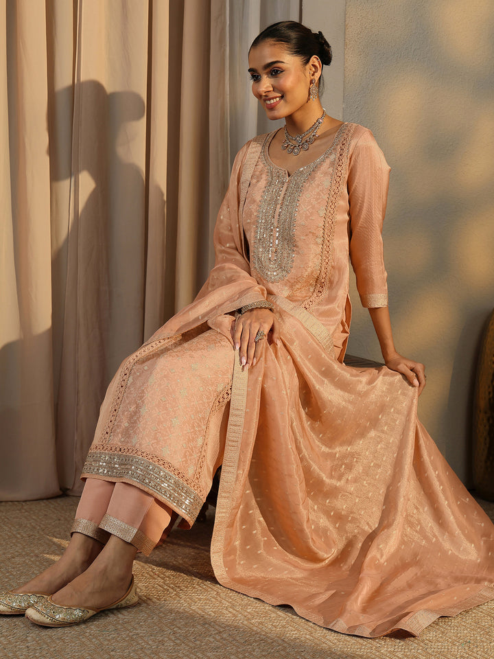 Peach Embroidered Silk Blend Straight Suit Set With Dupatta