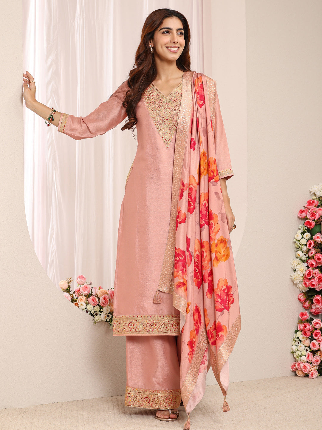 Peach Embroidered Silk Blend Straight Suit Set With Printed Dupatta