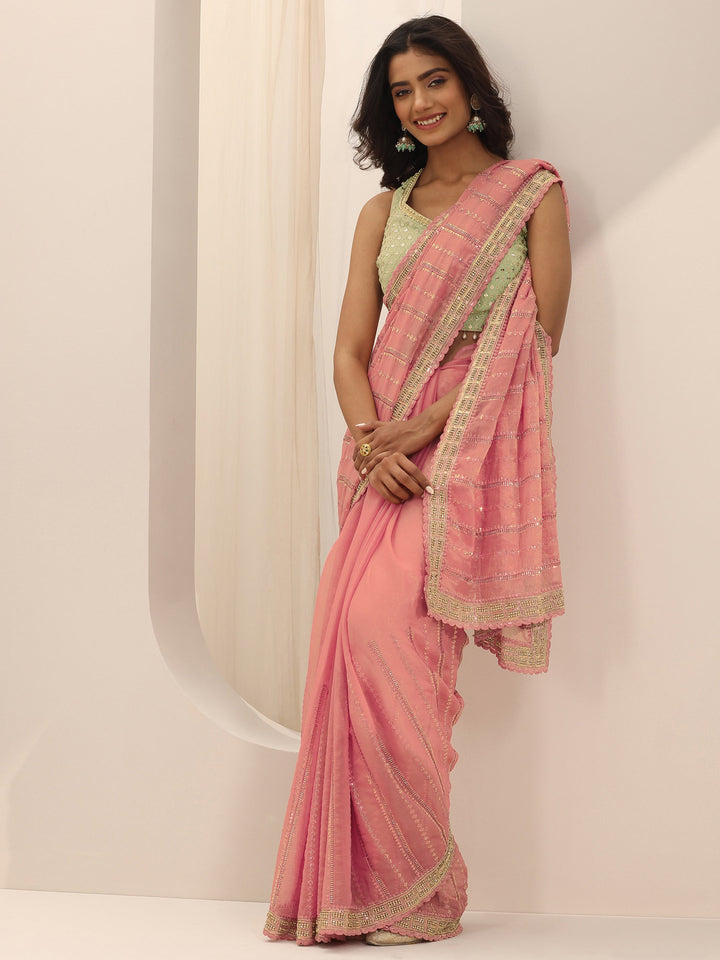 Peach Embroidered Silk Chiffon Saree With Unstitched Blouse Piece