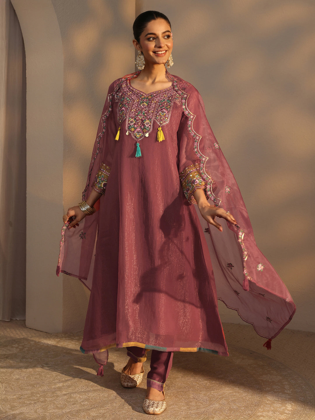 Peach Ethnic Embroidered Organza A-Line Suits Set With Dupatta