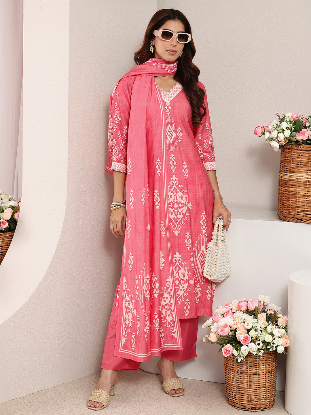 Peach Ethnic Printed Silk-Blend Straight Suit Set With Dupatta