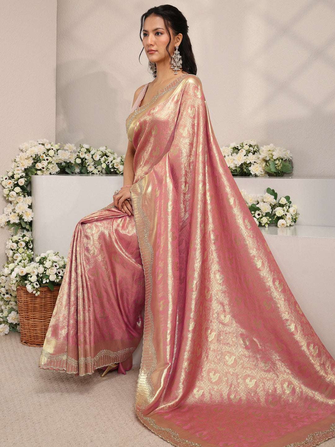 Libas Peach Ethnic Woven Design Silk Blend Saree With Unstitched Blouse Piece
