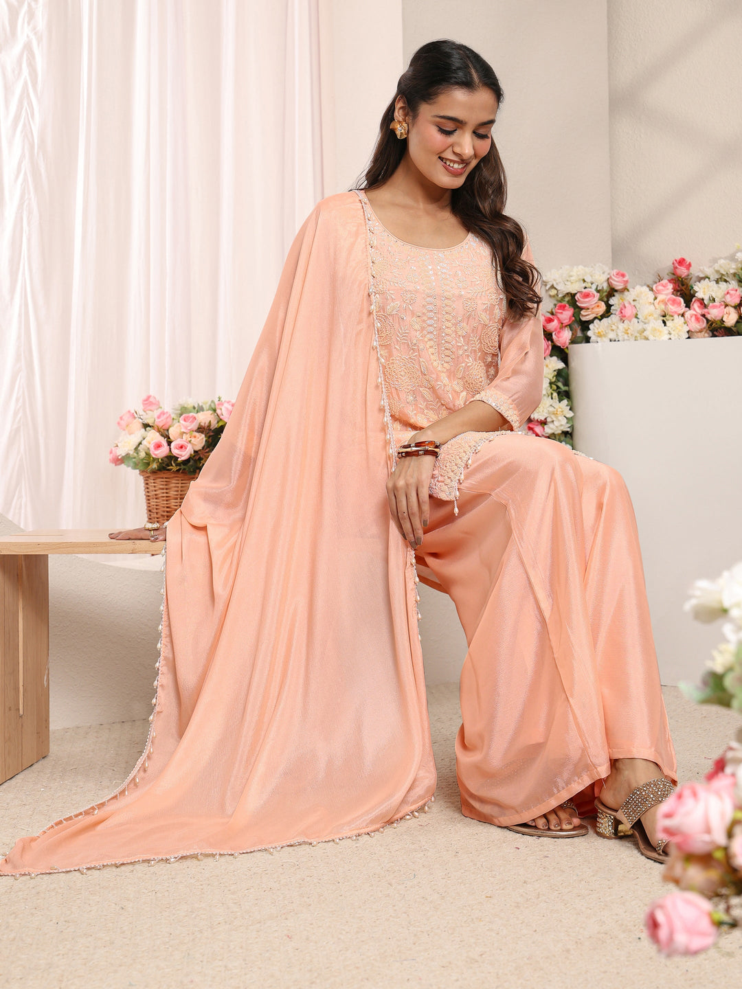 Peach Floral Embellished Chinon Straight Suit Set With Dupatta