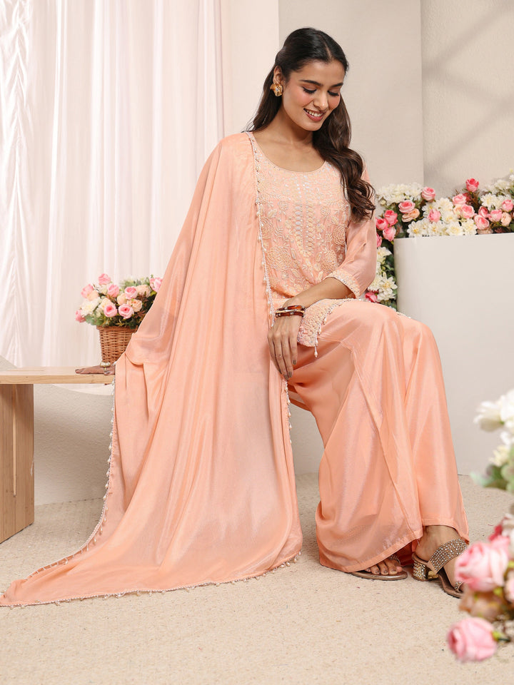 Peach Floral Embellished Chinon Straight Suit Set With Dupatta
