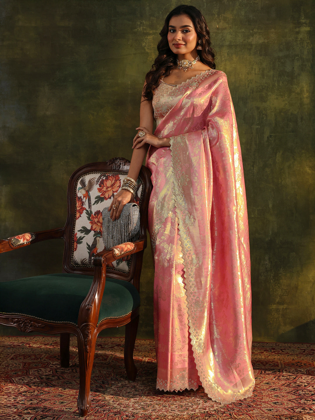 Peach Floral Embellished Silk Blend Saree With Unstitched Blouse Piece