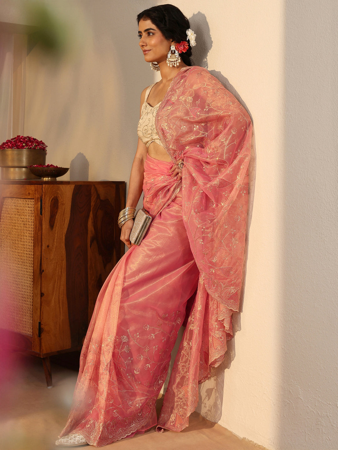 Peach Floral Embroidered Glossy Net Saree