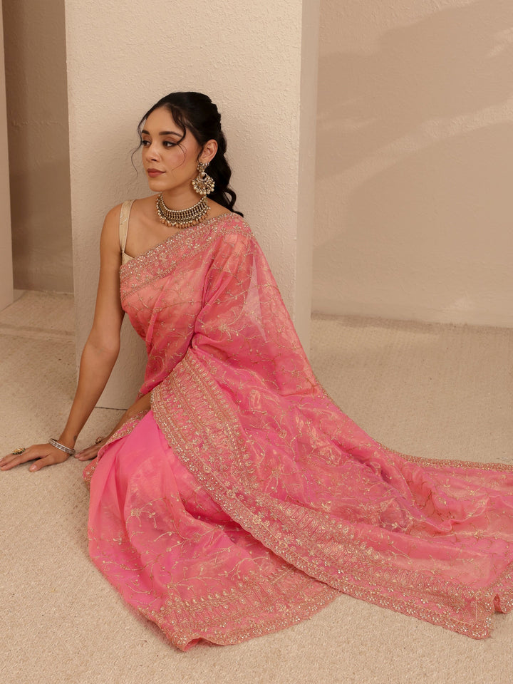 Libas Peach Floral Embroidered Net Saree