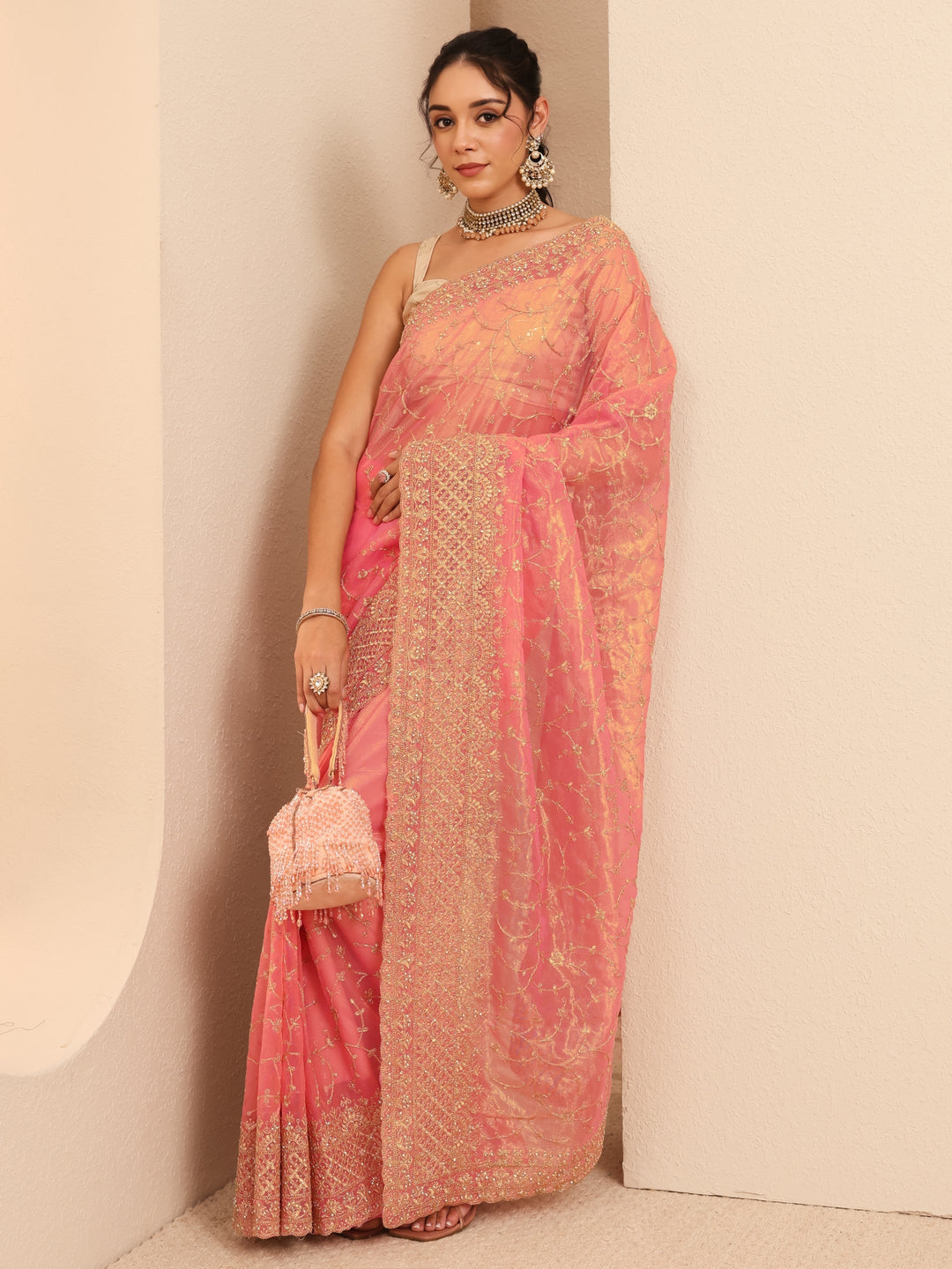 Peach Floral Embroidered Net Saree