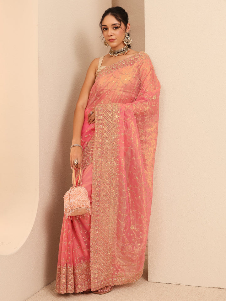 Libas Peach Floral Embroidered Net Saree
