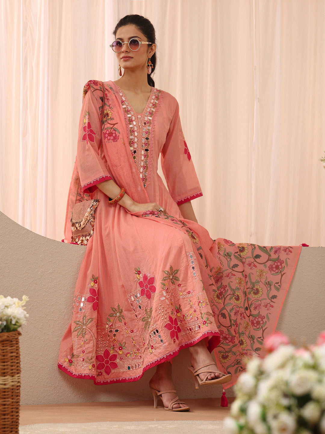 Libas Peach Floral Embroidered Silk Blend A-line Suit Set
