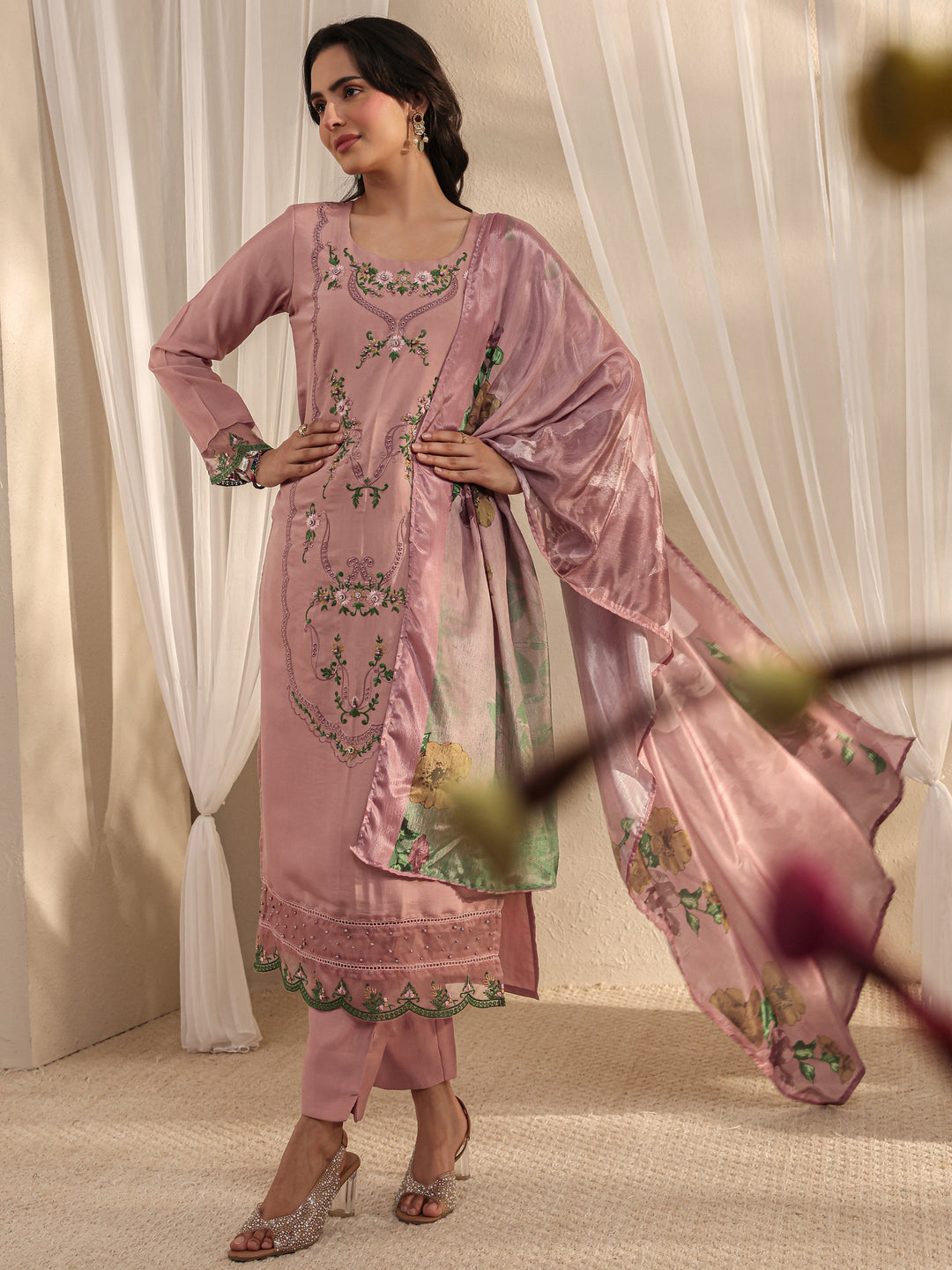 Peach Floral Embroidered Silk Blend Straight Suit Set With Dupatta