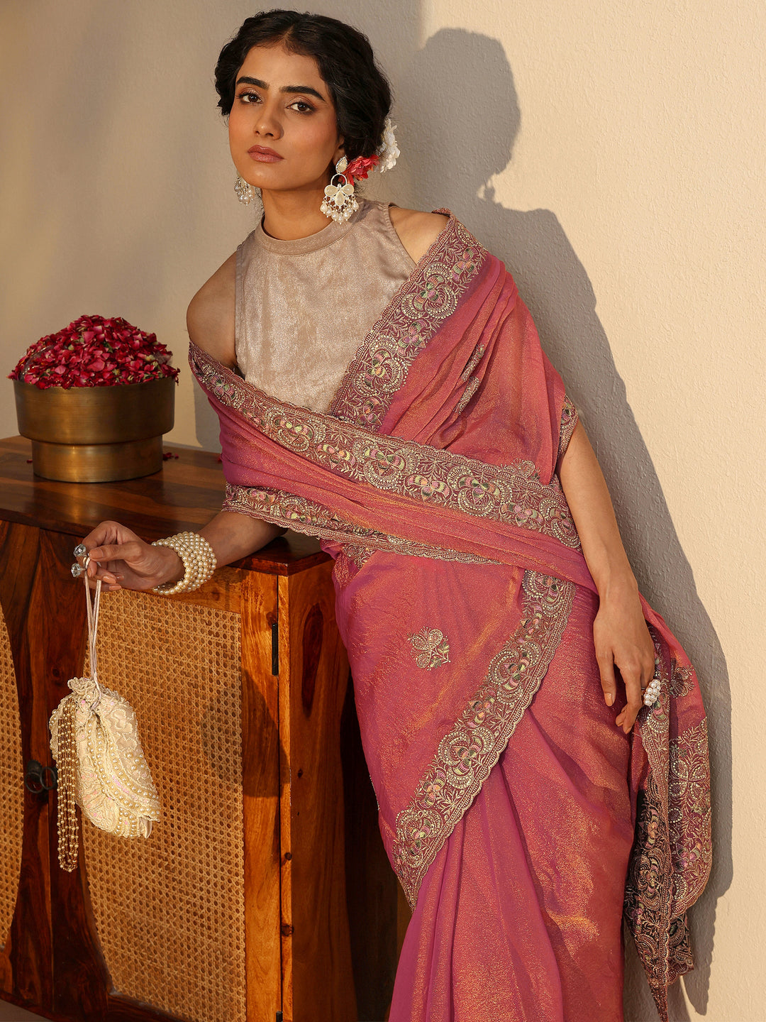 Peach Floral Embroidered Tissue Saree