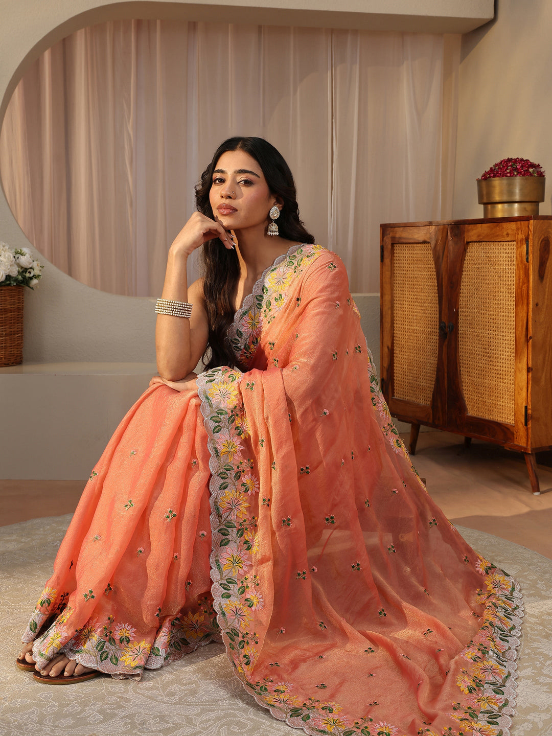 Peach Floral Embroidered Tissue Saree
