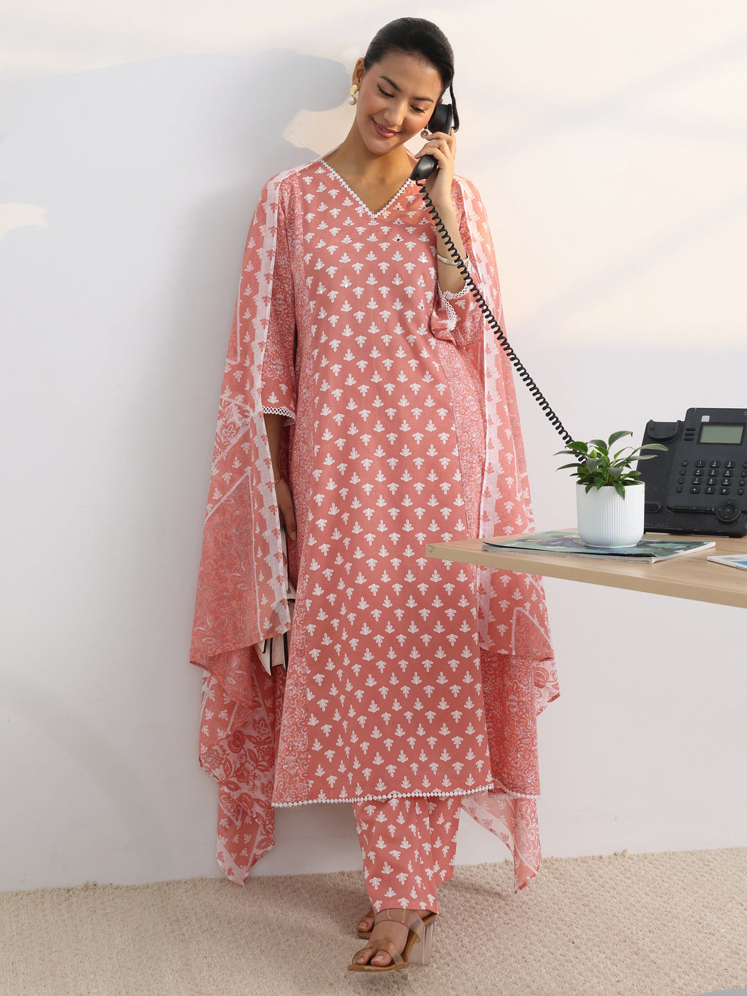 Peach Floral Printed Cotton Blend A-Line Suit Set With Dupatta