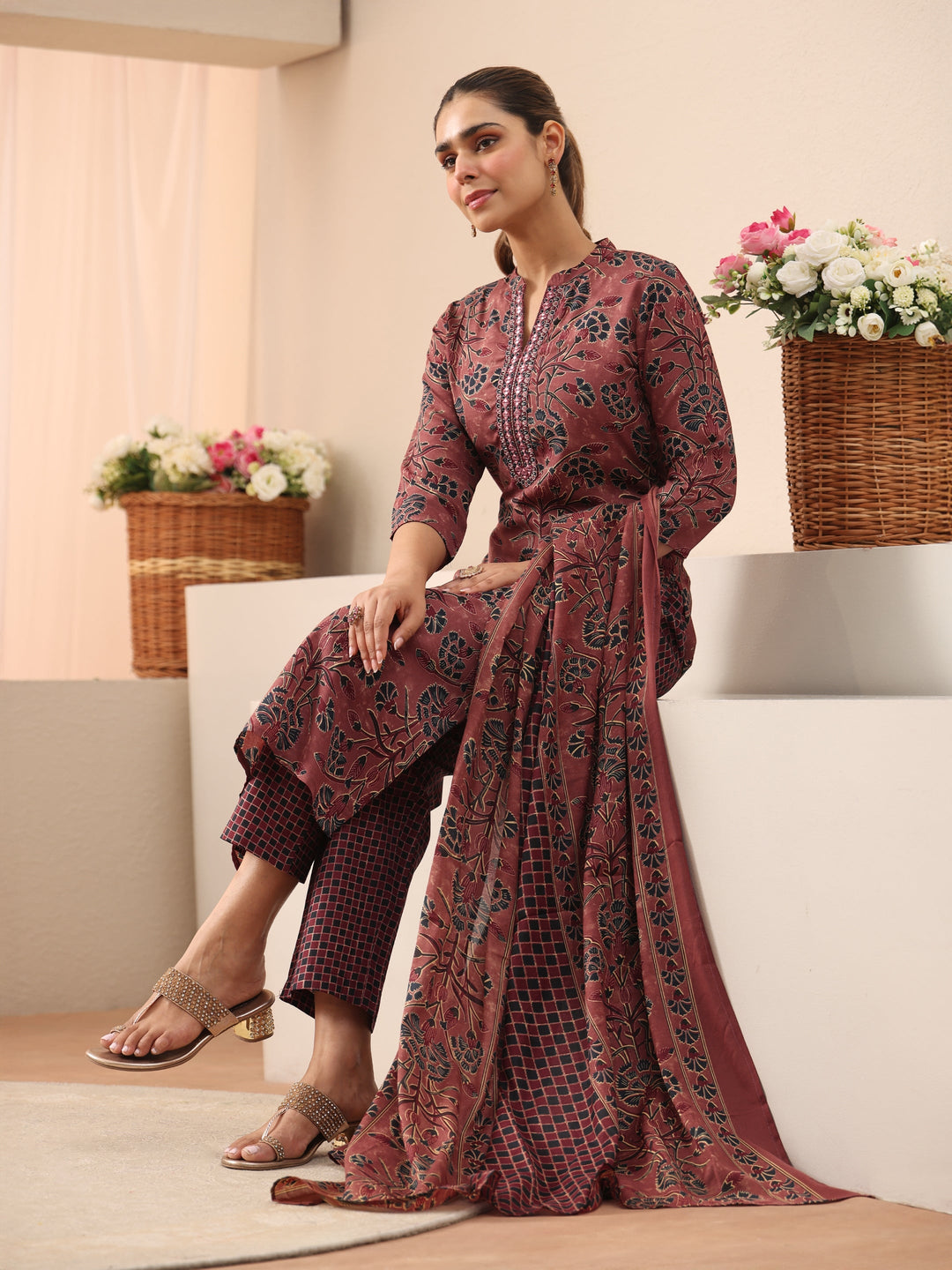 Peach Floral Printed Cotton Blend Straight Suit Set