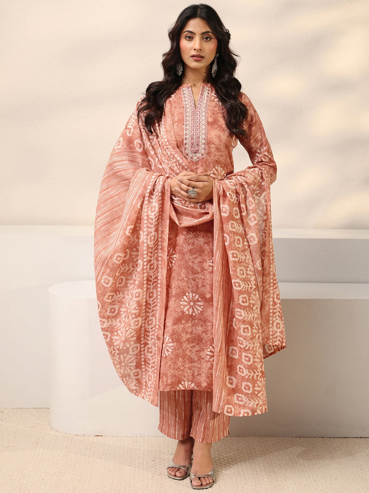 Peach Floral Printed Cotton Blend Straight Suit Set With Dupatta