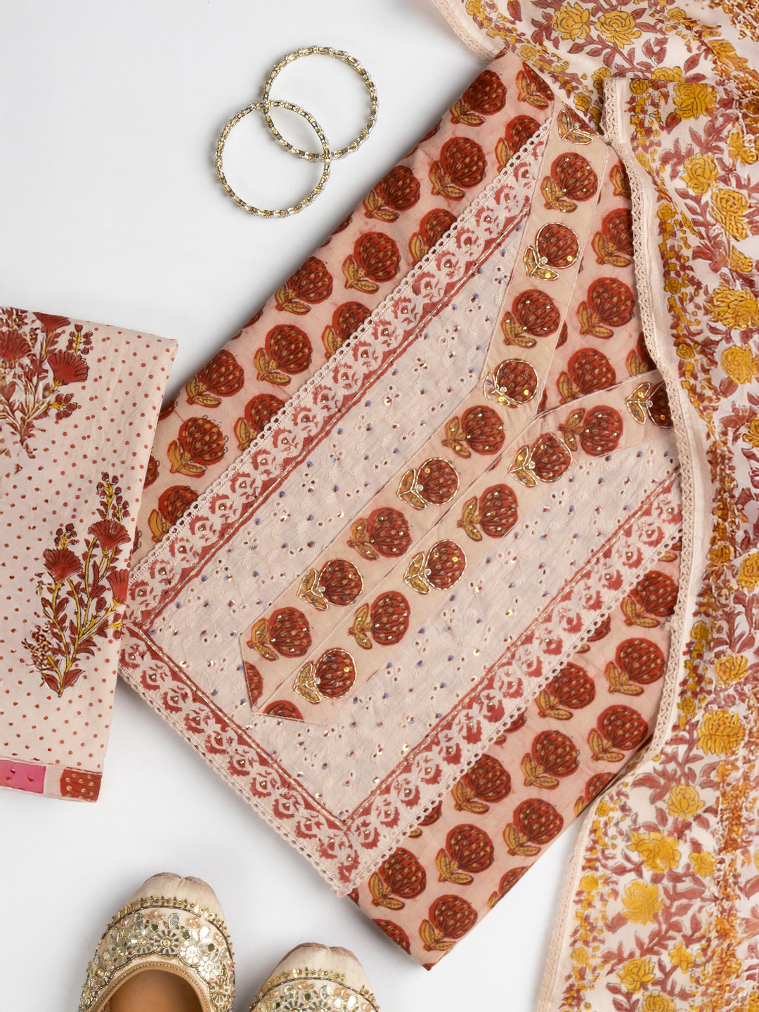 Peach Floral Printed Cotton Dress Material With Dupatta