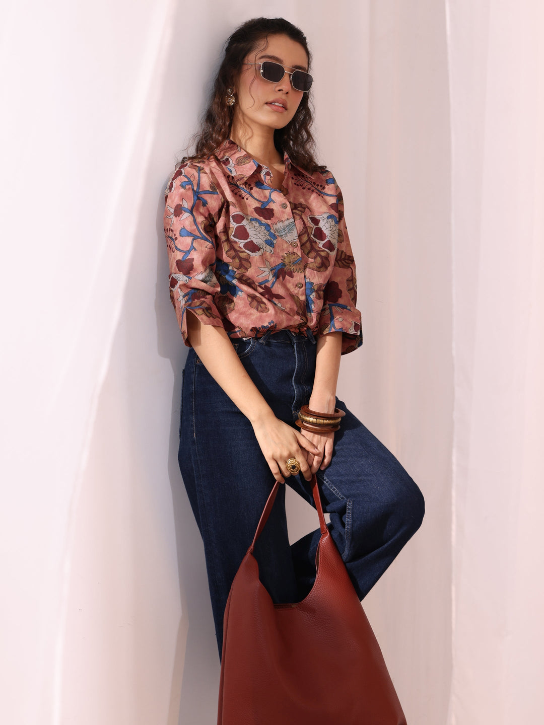 Peach Floral Printed Cotton Shirt