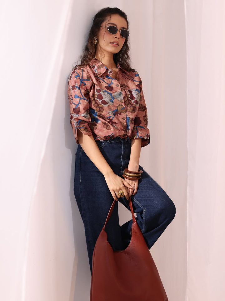 Libas Peach Floral Printed Cotton Shirt