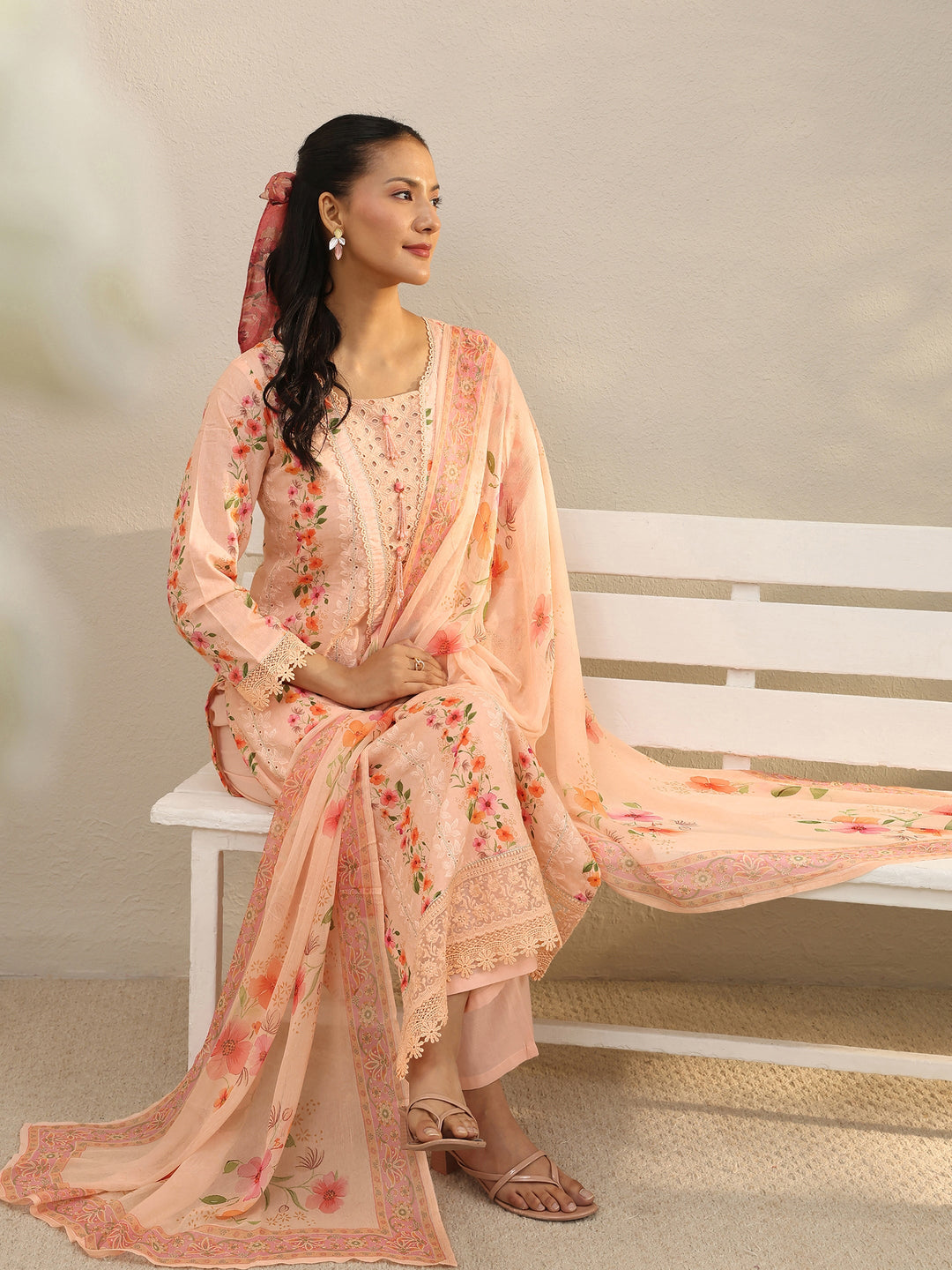 Peach Floral Printed Cotton Straight Suit Set