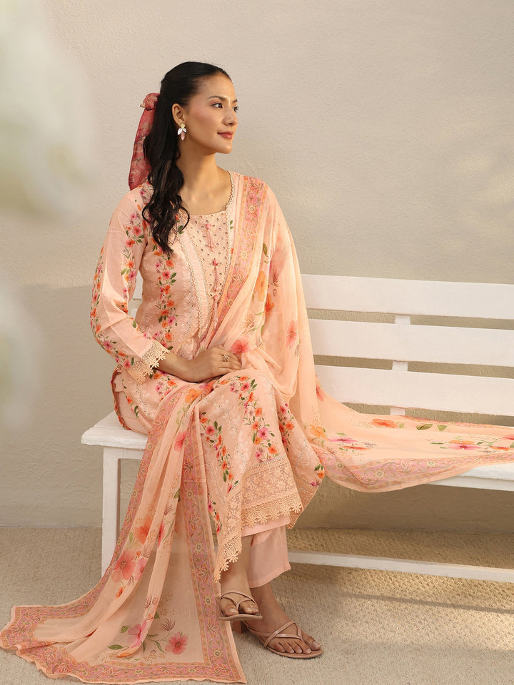 Peach Floral Printed Cotton Straight Suit Set