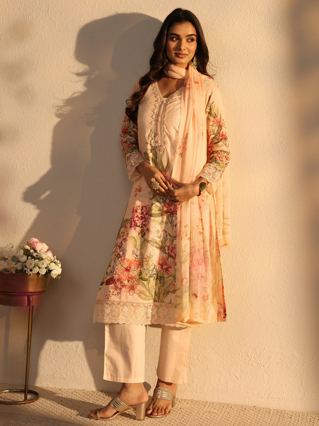 Peach Floral Printed Cotton Straight Suits Set With Dupatta