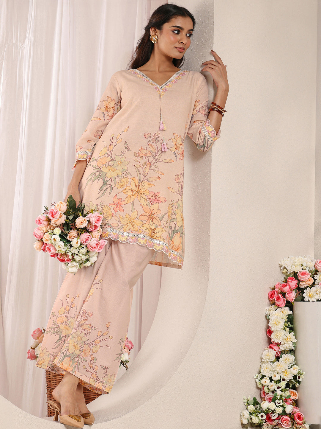 Peach Floral Printed Linen A-Line Kurta Set