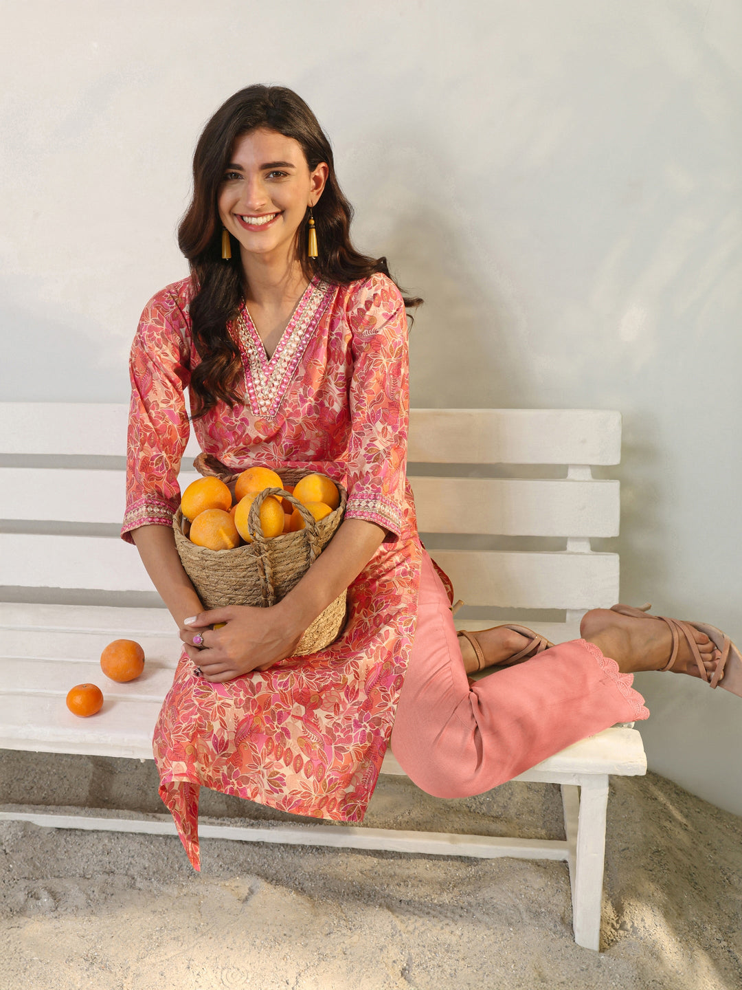 Peach Floral Printed Silk Blend Straight Kurta