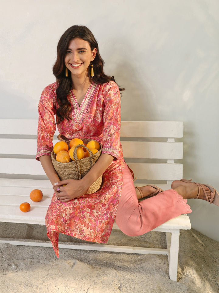 Peach Floral Printed Silk Blend Straight Kurta