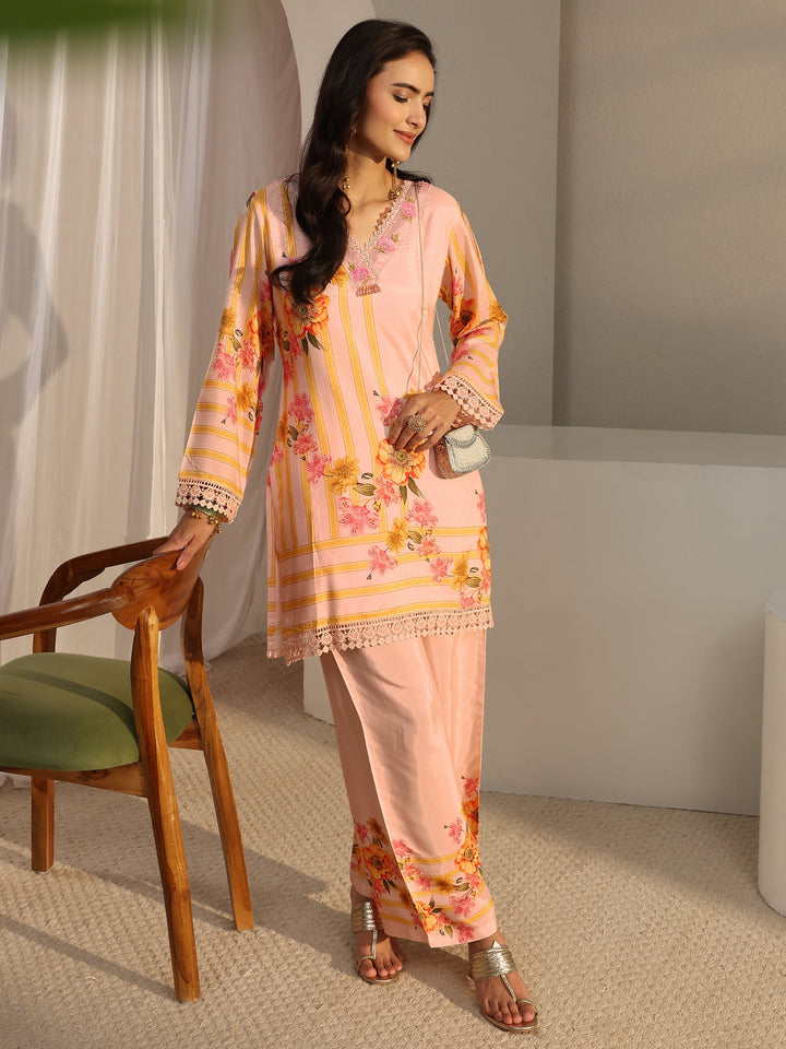 Peach Floral Printed Silk Blend Straight Kurta Set