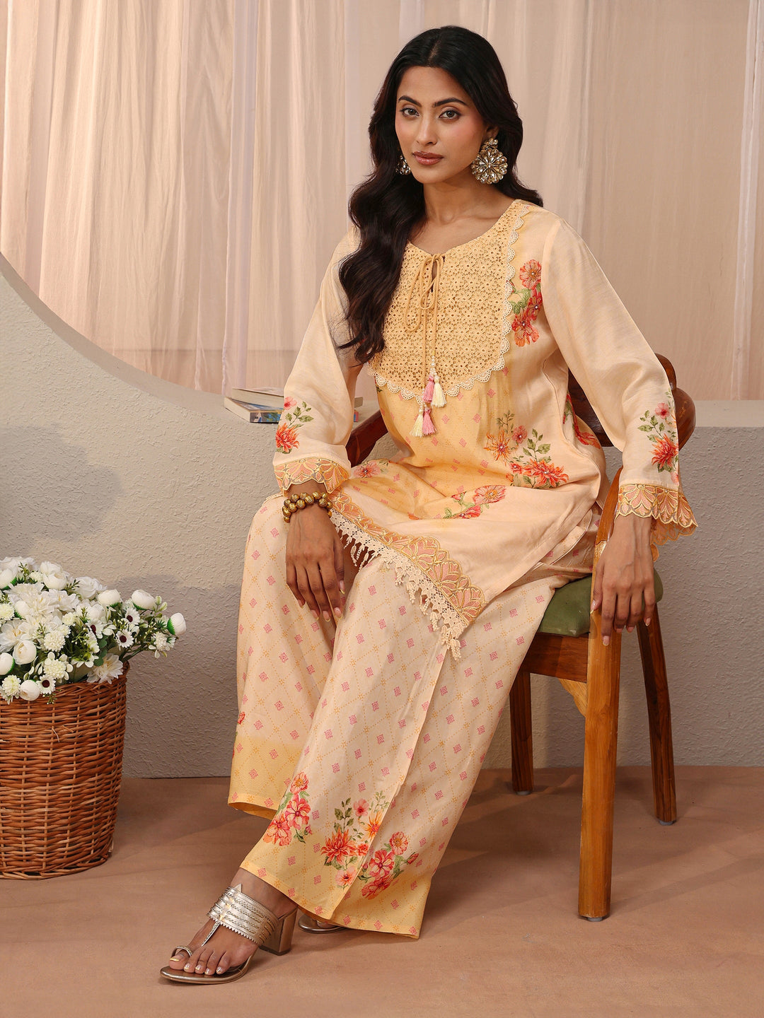 Peach Floral Printed Silk Blend Straight Kurta Set