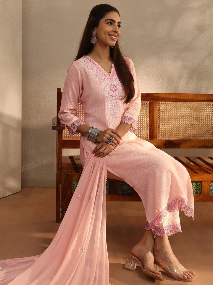 Peach Floral Self Design Cotton Blend Straight Suit Set With Dupatta