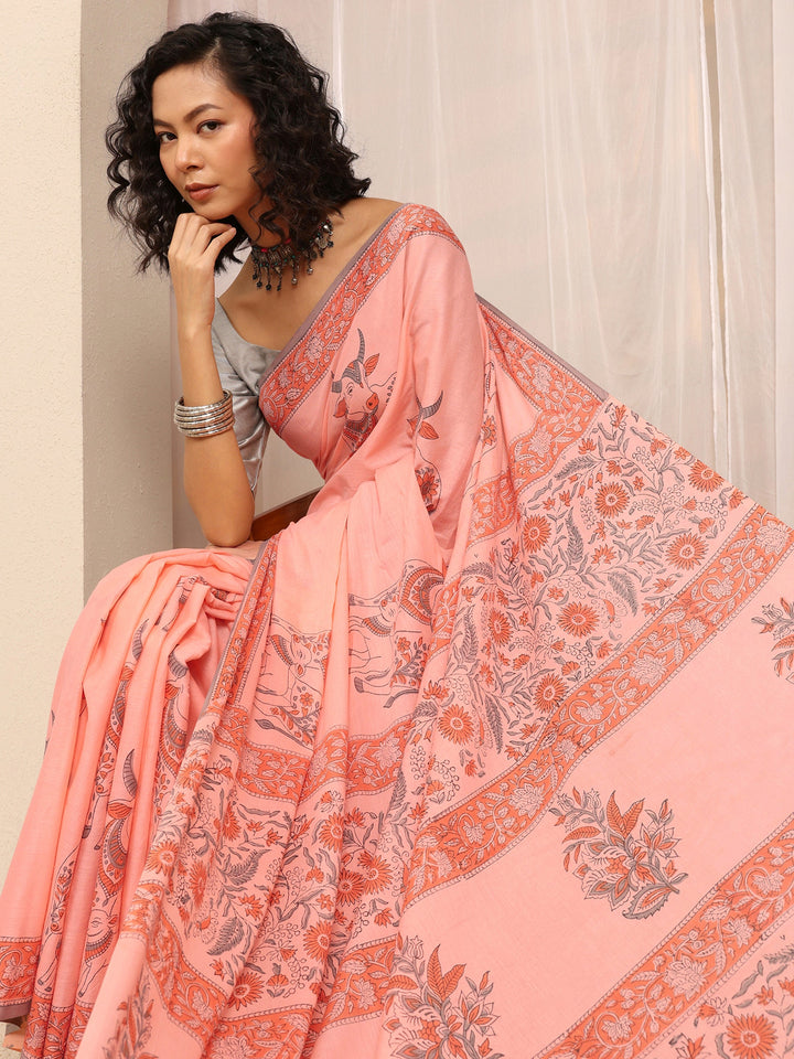 Peach Printed Cotton Blend Saree With Unstitched Blouse Piece