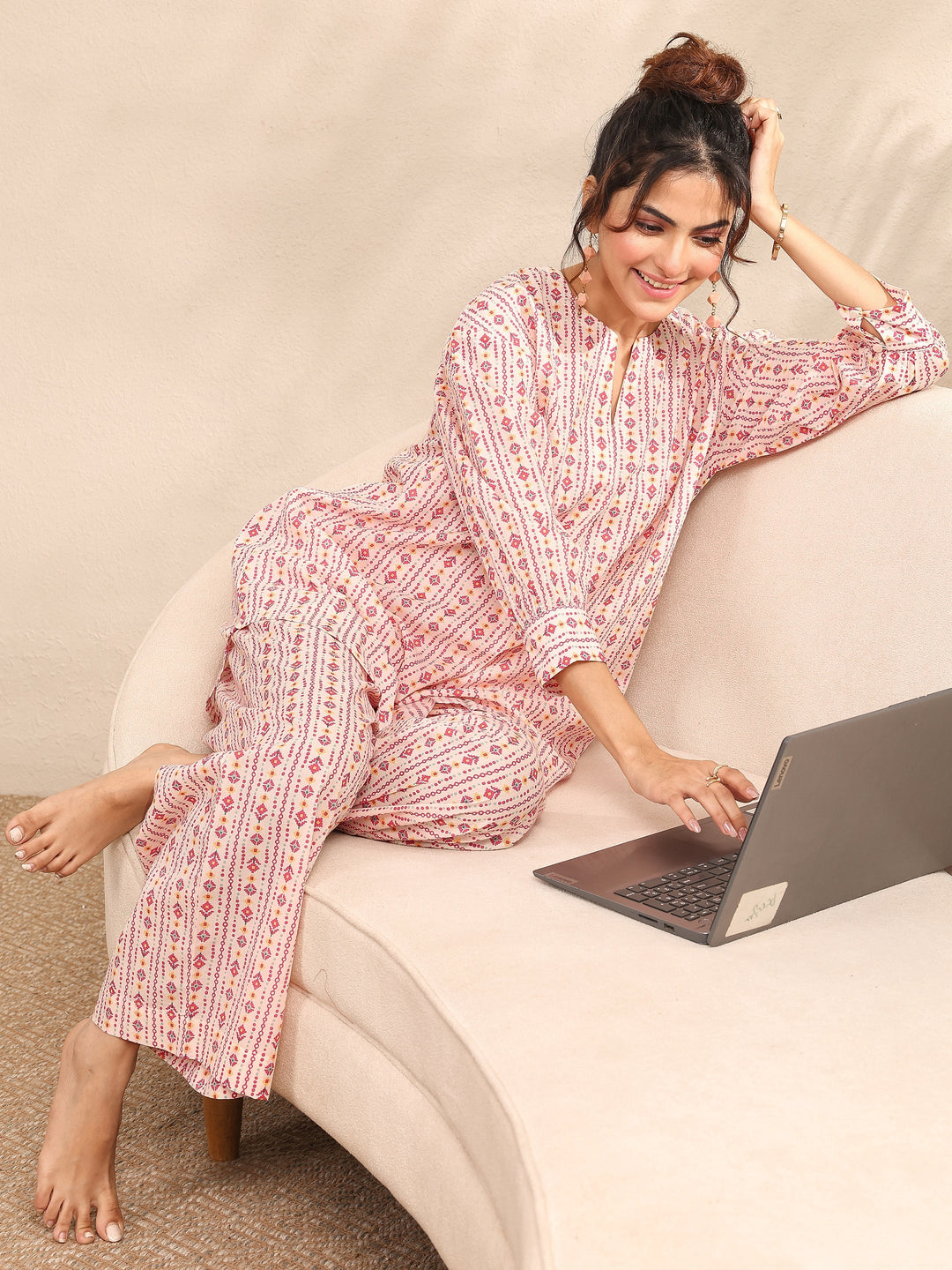 Peach Printed Cotton Night Suit